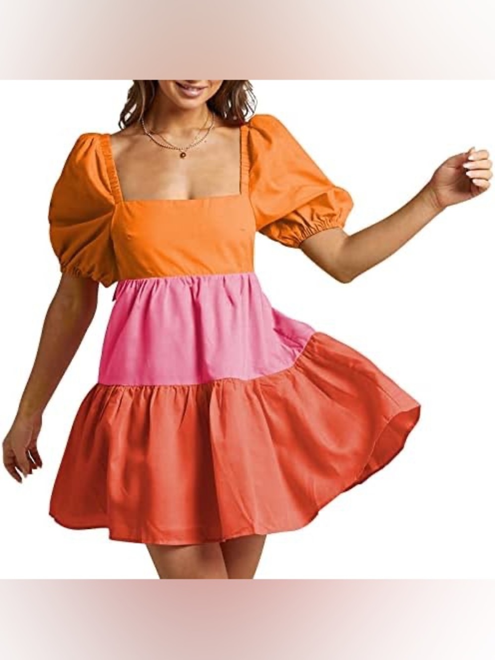 Colorblock Puff-Sleeve Mini Dress - Orange & Pink